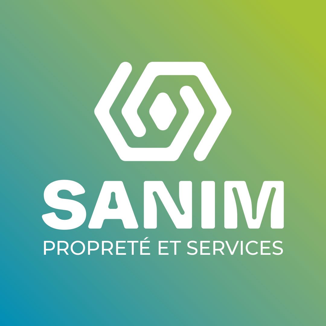 Mockup du logotype de SANIM. Le logo est blanc et e fond est dans les dégradés bleu & vert.